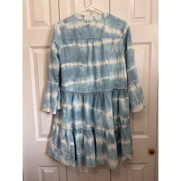 Faherty Faded Blue Vida Shibori Tie Dye Tiered Organic Cotton Dress XS - Picture 7 of 9